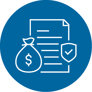 An icon of a bag of money, a sheet of paper, and a shield in a blue circle.