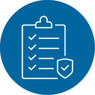 An icon of a clipboard and a shield in a blue circle.