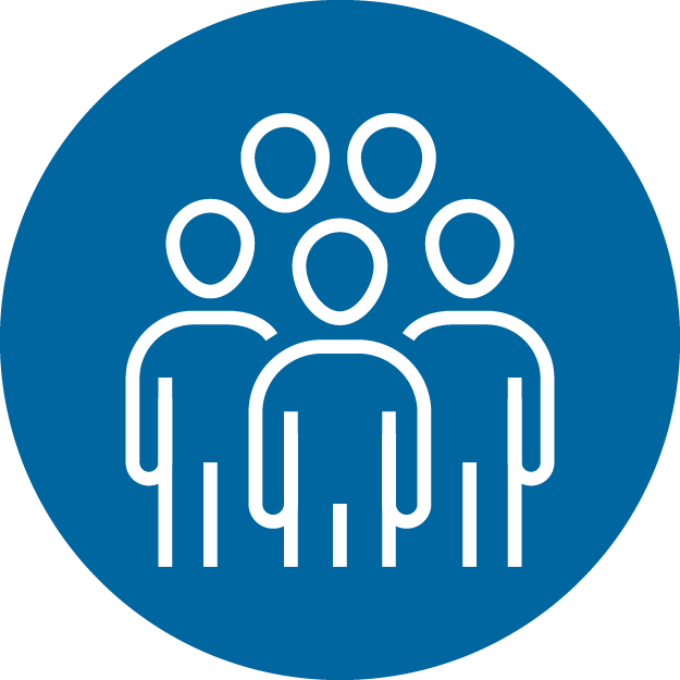 An icon of a group of people in a blue circle.