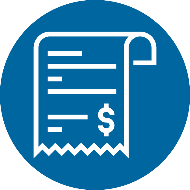An icon of a list with a dollar sign on it in a blue circle.