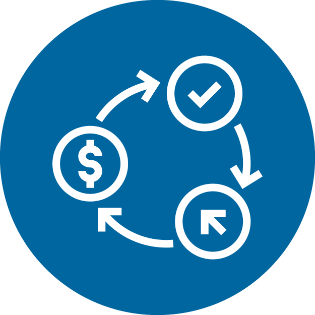 An icon of a cycle of an arrow, a dollar sign, and a check mark in a blue circle.