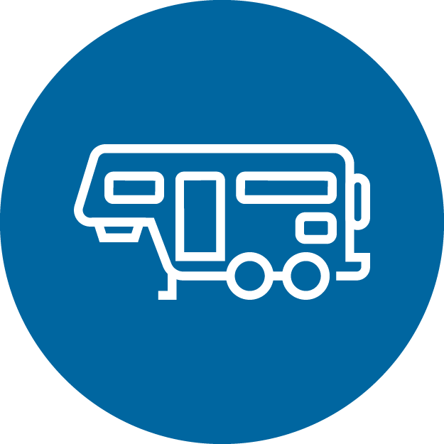 An icon of a fifth wheel in a blue circle.