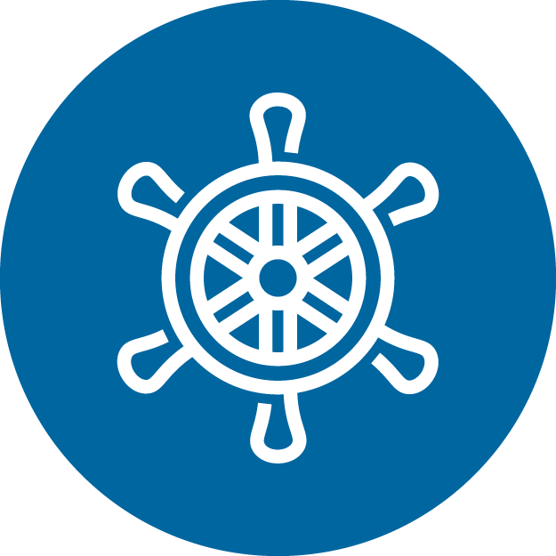 An icon of a ship's wheel in a blue circle.