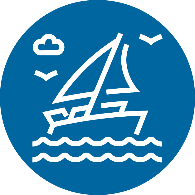 An icon of a boat with a sail in a blue circle.