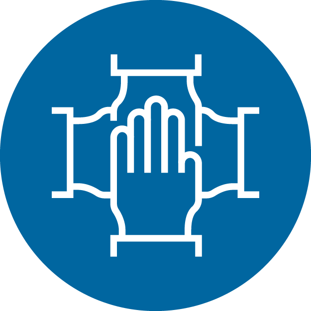 An icon of 4 hands making a pact in a blue circle.