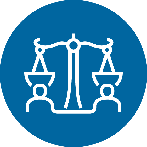 An icon of a scale with one person on each side in a blue circle.