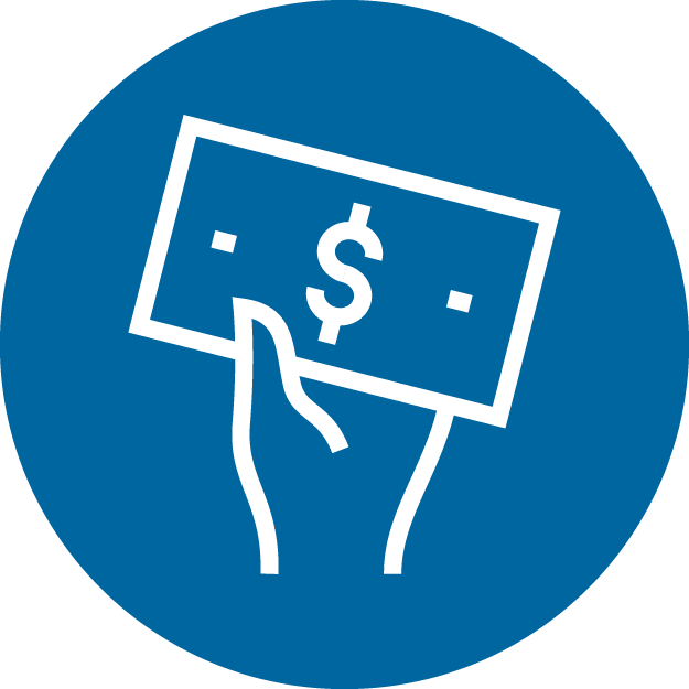 An icon of a hand holding cash in a blue circle.