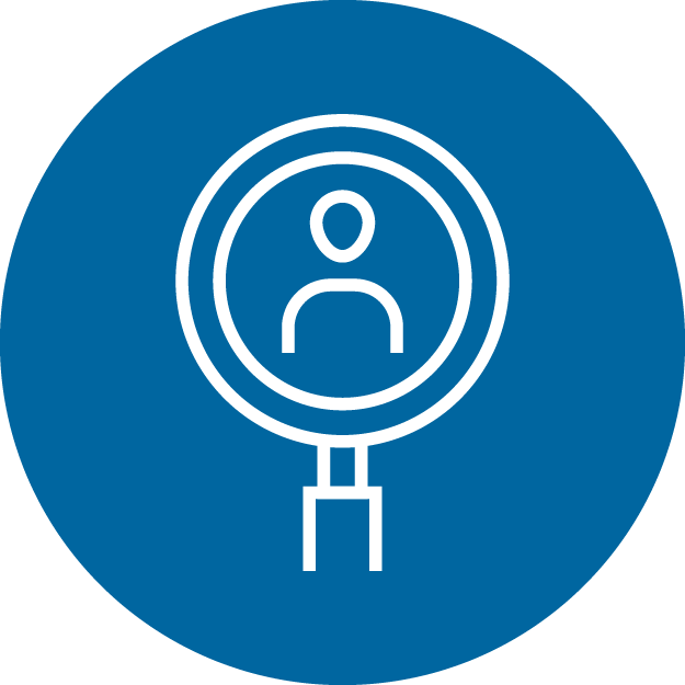 An icon of a magnifying glass with a person in the center in a blue circle.