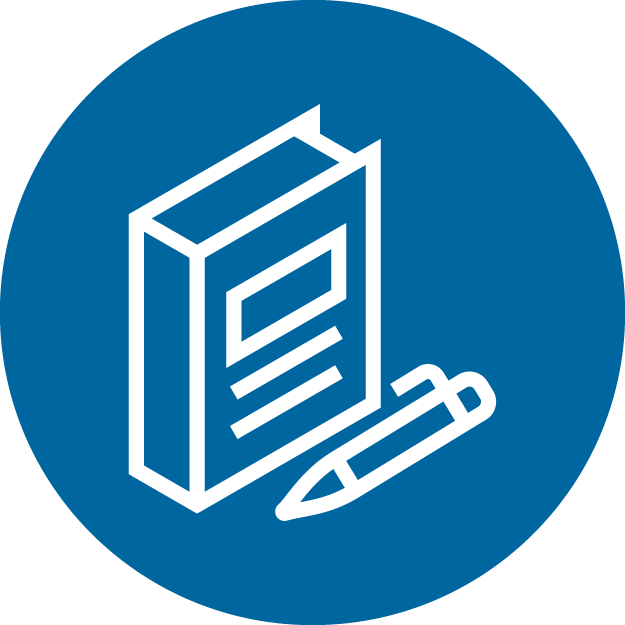 An icon of a textbook and pencil in a blue circle.