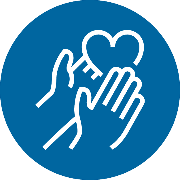 An icon of two hands holding a heart in a blue circle.