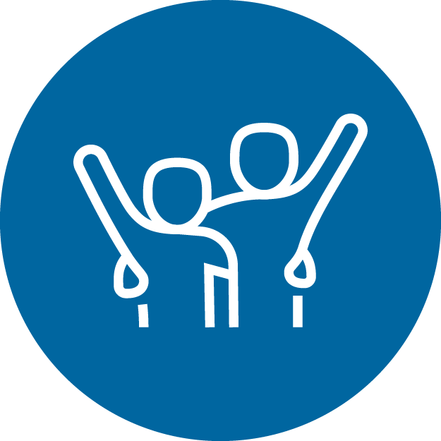An icon of two people side hugging each other with their arms up in a blue circle.