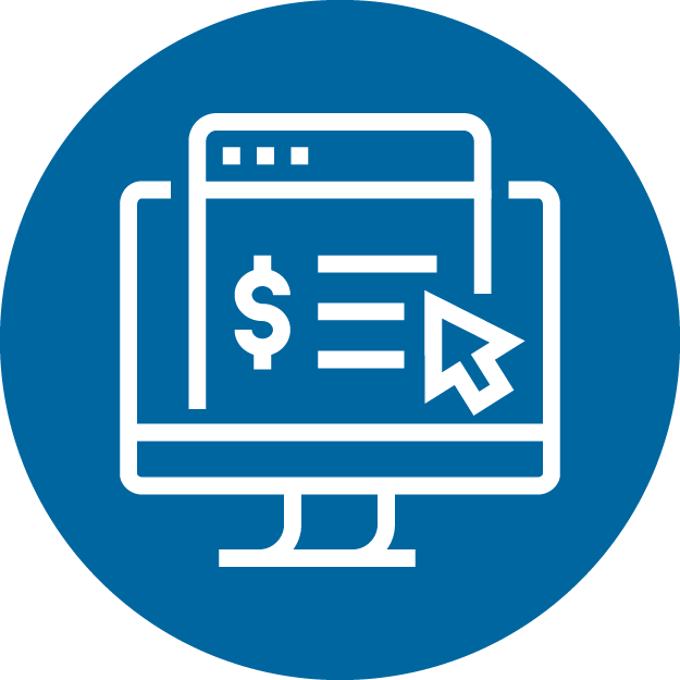 An icon of a computer with a website open in a blue circle.