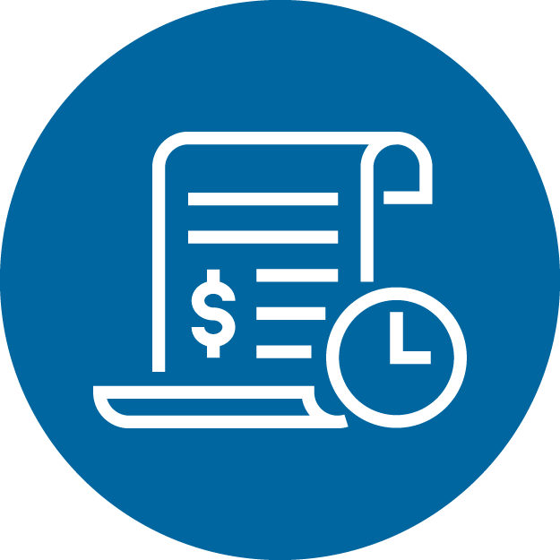 An icon of a piece of paper with a timer next to it in a blue circle.