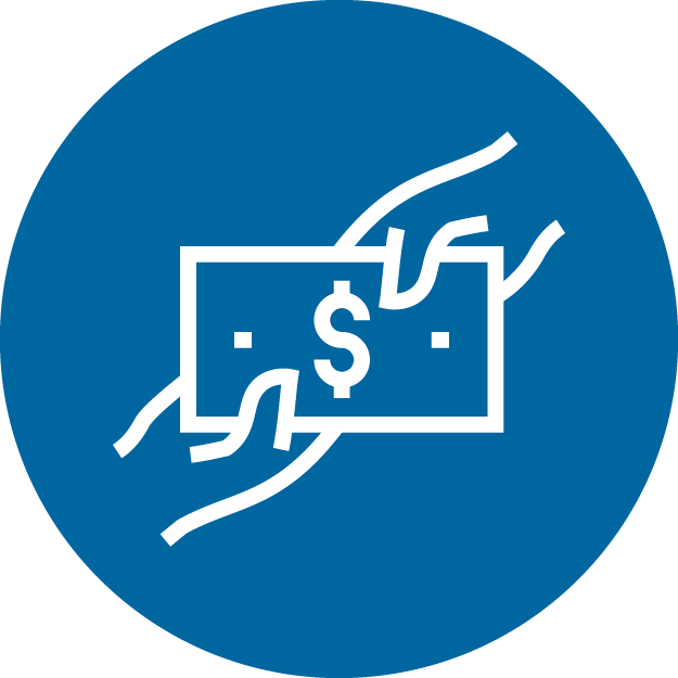 An icon of a hand holding a cash and handing it off to someone else's hand.