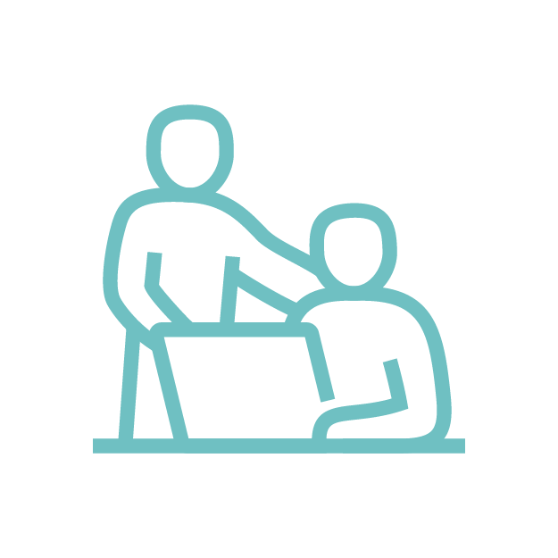 A person helping another person in front of a laptop icon