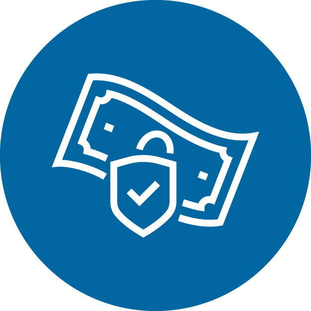 An icon of a dollar bill with a shield in front of it in a blue circle.