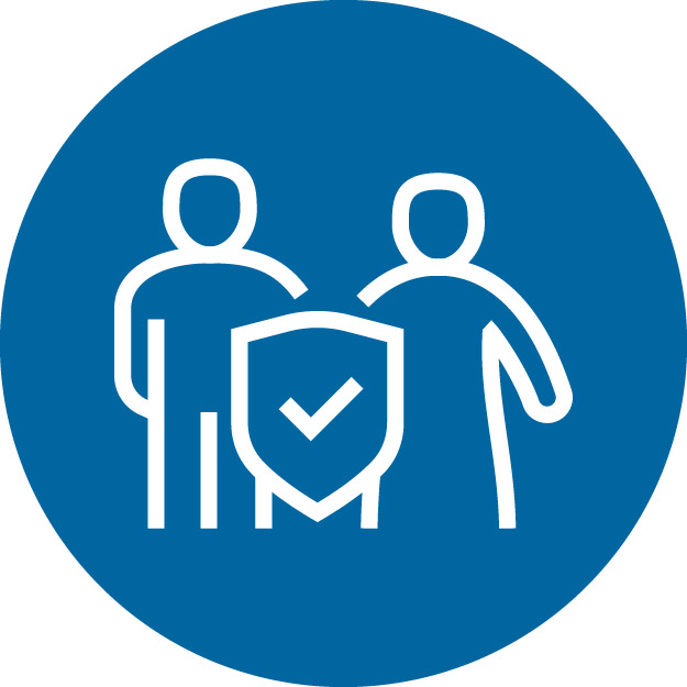 An icon of a two people standing behind shield that has a check mark on it in a blue circle.