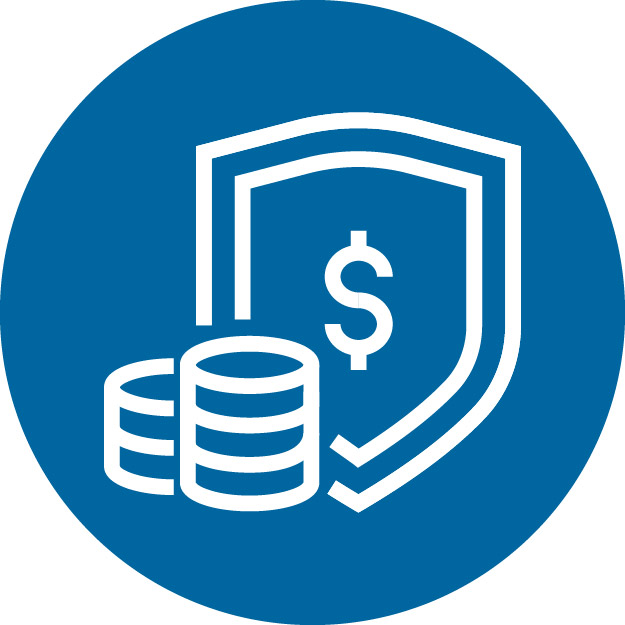 An icon of a stack of coins with a shield that has a dollar sign behind it in a blue circle.