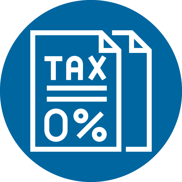 An icon of a stack of papers with the word "Tax" and "0%" on them in a blue circle.