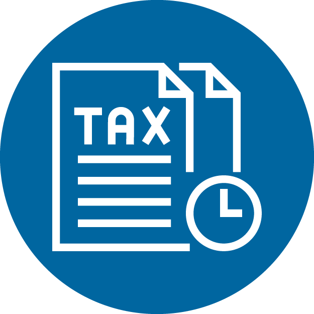 An icon of a stack of papers with the word "Tax" on them and a clock in a blue circle.