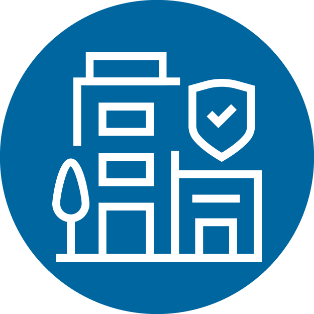 An icon of a building with a shield in a blue circle.