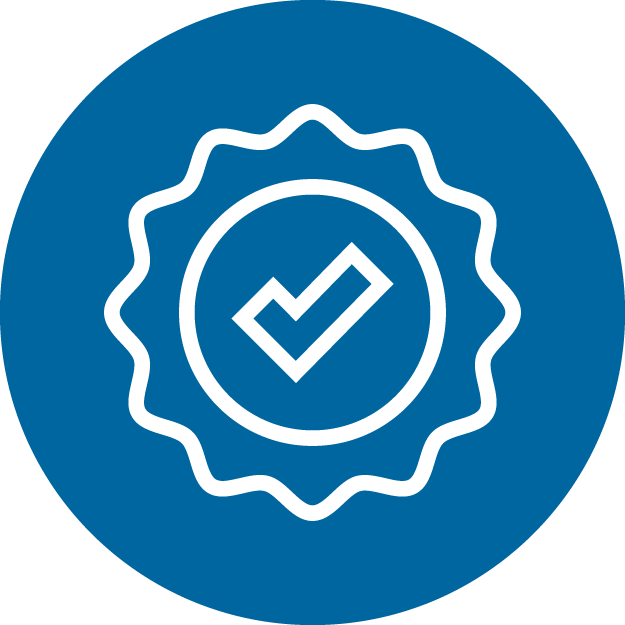 An icon of a badge with a check mark in a blue circle.