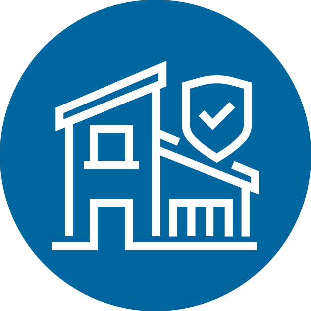 An icon of a house with a shield in front of it in a blue circle.
