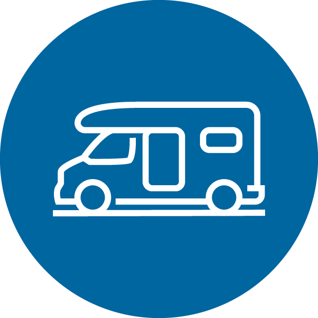 An icon of a recreational vehicle in a blue circle.