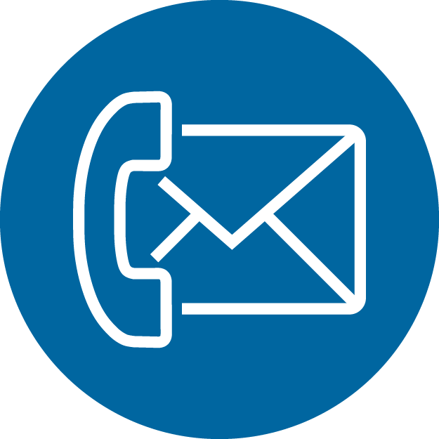 An icon of a telephone and an envelope in a blue circle.