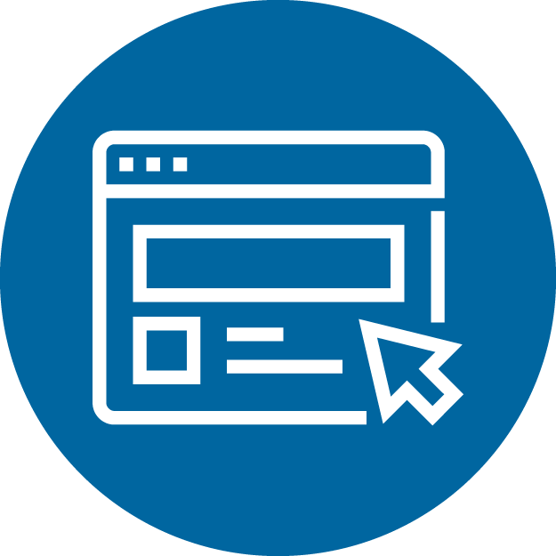 An icon of a webpage with a cursor in a blue circle.