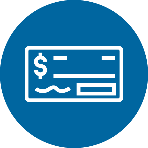 An icon of a paper check in a blue circle.