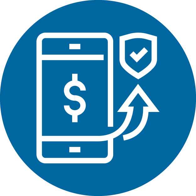 An icon of a cell phone and an arrow pointing to a shield in a blue circle