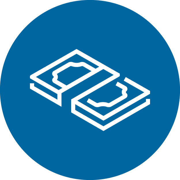 An icon of a stack of cash in a blue circle.