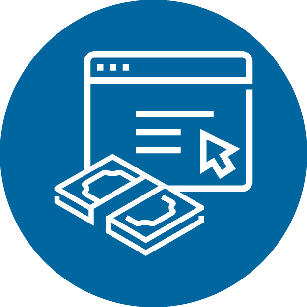 An icon of a stack of cash with a website page behind it in a blue circle.