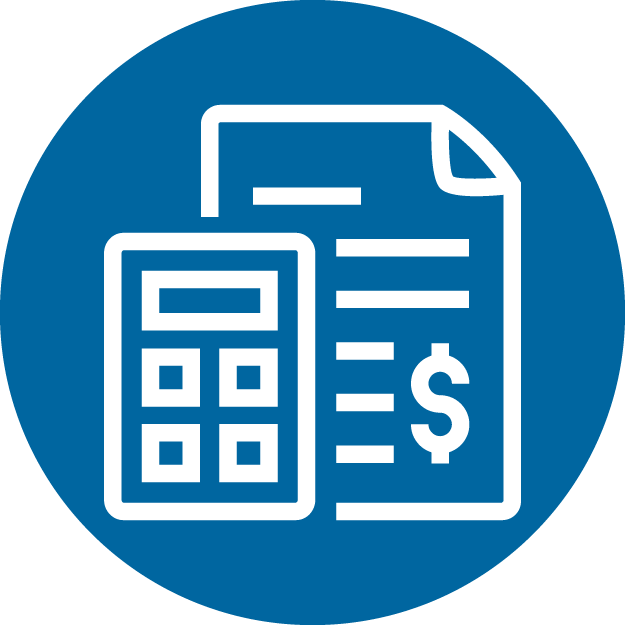 An icon of a piece of paper and a calculator in a blue circle