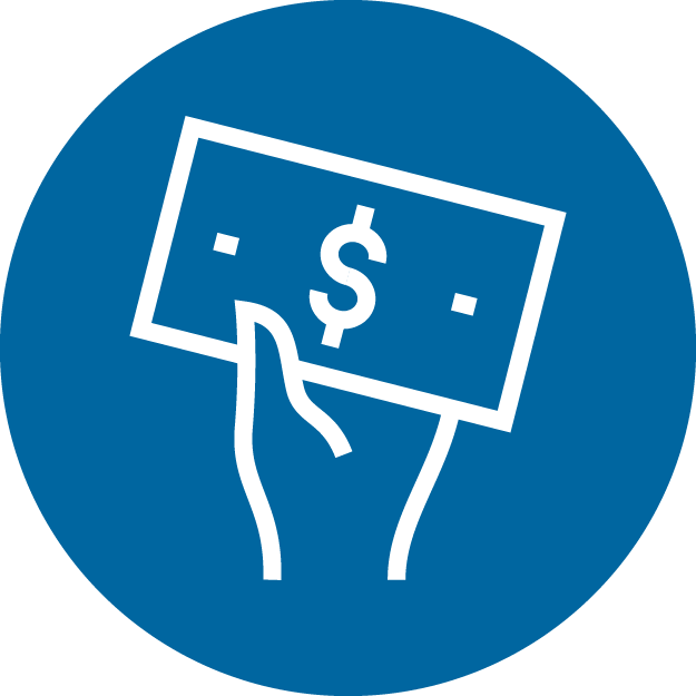 An icon of a hand holding cash in a blue circle.