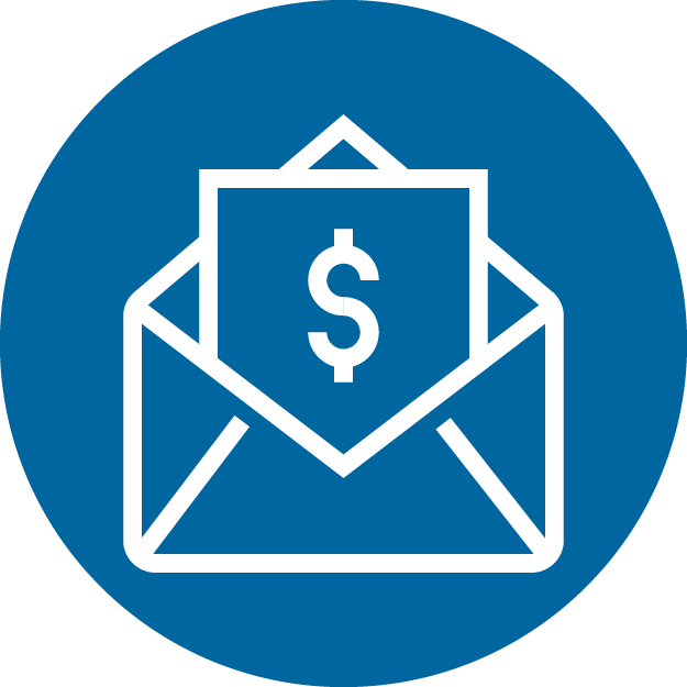 An icon of an open envelope with a piece of paper in a blue circle.