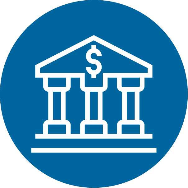 An icon of a bank building in a blue circle